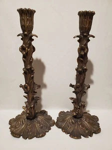Pair of Heavy 18" Brass Bronze Acanthus Column Candle Holders - Picture 1 of 6