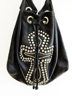 LEATHEROCK ~ Bolso Cartera Hobo Cruz con Tachuelas de Cuero Negro Suave Adornado con Estrás Foto 1 de 3