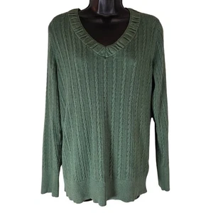 Eddie Bauer Cable Knit Sweater V Neck Long Sleeve Green Cotton Blend Women Large - Picture 1 of 5