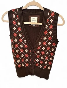 Heritage 1981 Brown & Red Argyle Cardigan Vest Size S - Picture 1 of 5
