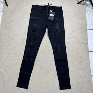 Killstar Jeans Herren Large Diablo Schnürung Reißverschluss Akzente Distressed Schwarz Denim NEU - Bild 1 von 16