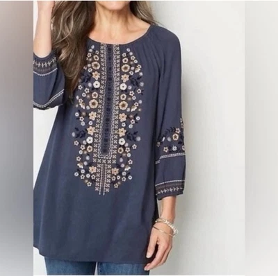 J Jill синий розовый вышитый хлопок вискоза крестьянин богемное блузка туника размер большой - Изображение 1 из 4