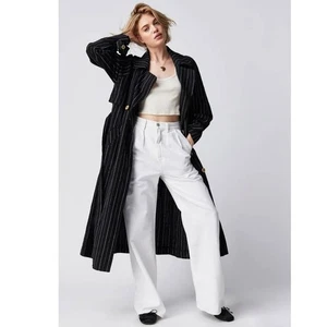 New Free People Melia Mac Trench Style Coat WTF $228 SMALL Blue Striped - Picture 1 of 9