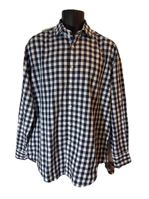 Jack Stone Thomas Dean Men Shirt Sz L Long Sleeve Button Navy Blue Gingham Plaid - Image 1 of 4