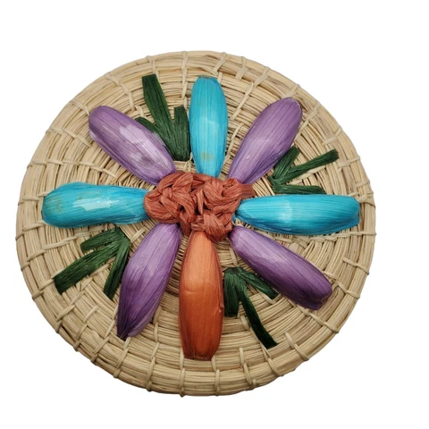 Jamaican Hand Woven Natural Straw Raffia Trinket Stash Basket Flowers Small Cover