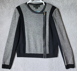 St. John Women's Santana Knit Tweed Side Zip Up Jacket Leather Trim Wool Blend M - Afbeelding 1 van 14