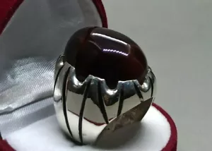 Natural Big Yemeni Blood Red Aqeeq Sterling Silver 925 Handmade Agate Mens Ring - Picture 1 of 12