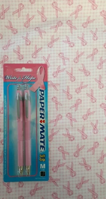 1 Yd. Pink Ribbon Fabric & 2 Pen LOT *Papermate Write for Hope *Retractable NIP - Image 1 of 4