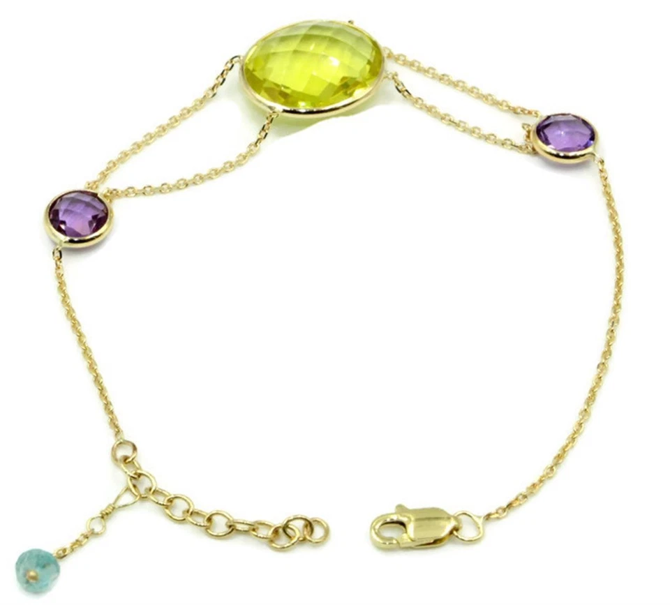 Lemon Quartz & Amethyst Gemstone 7 " Bracelet,14k Yellow Gold with Extensions - Image 1 of 4