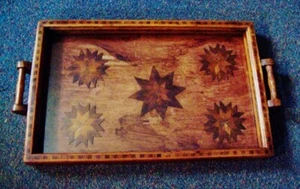 Bandeja de servir de madera antigua con estrellas incrustación hecha a mano arte popular pradera - Imagen 1 de 9