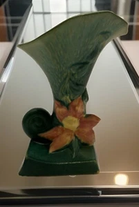Vintage Roseville Pottery Blue-Green Clematis Cornucopia Vase 190-8” - Picture 1 of 14