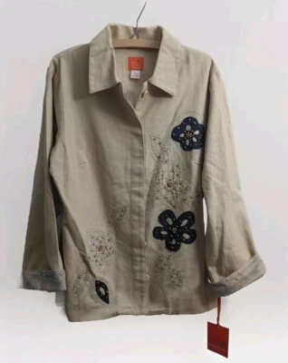 NEW Heart of Palm Women size 16 Beige embroidered Blue Flowers Lined Blazer Coat - Image 1 of 4