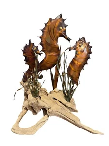 Handmade Metal Seahorse Driftwood Art Sculpture Beach House Seashore Decor Vtg - Picture 1 of 11