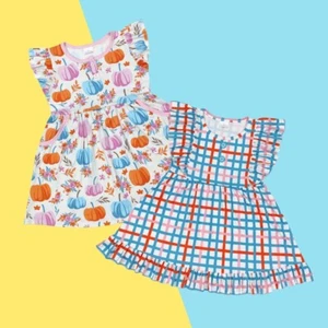 Baby Girls Flutter Sleeve Pumpkin Plaid Ruffle Dress - Picture 1 of 3
