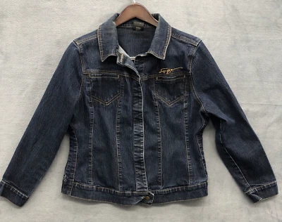 Chaqueta de mezclilla Fubu para mujer 1X lavado oscuro cierre a presión bolsillos en el pecho vieja escuela Y2K Foto 1 de 4