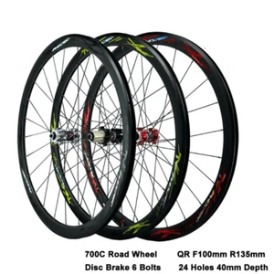 700c Alloy Wheelset Road Bike Wheels 40mm Depth 24 Holes Disc Brake 6 Bolts - Picture 1 of 15