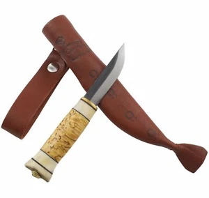 Wood Jewel Curly Birch Fixed Blade Knife Finland Carbon Steel Blade Sheath 23P - Picture 1 of 6