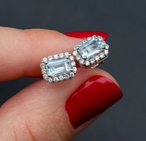 Emerald cut blue topaz halo earrings, sky blue gemstone crystal studs silver - Picture 1 of 11