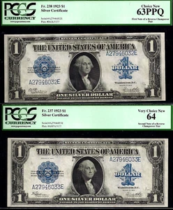 1923 $1 Silver Certificate PCGS 64, 63PPQ reverse changeover Fr 238 Fr 237 - Picture 1 of 2