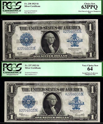 1923 $1 Silver Certificate PCGS 64, 63PPQ reverse changeover Fr 238 Fr 237 - Image 1 of 2