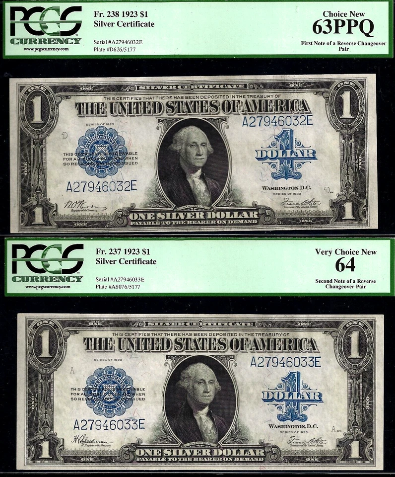 1923 $1 Silver Certificate PCGS 64, 63PPQ reverse changeover Fr 238 Fr 237 - Image 1 of 2