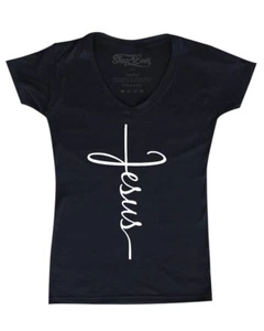 Jesus Cross Women's V-Neck T-Shirt Christian Religious Faith Disciple Church Tee - Picture 1 of 11
