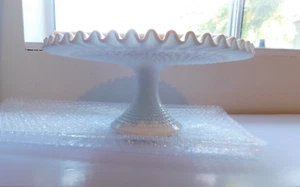 FENTON Hobnail White Glass PEDESTAL RUFFLED EDGE CAKE PLATE STAND Large - Picture 1 of 6