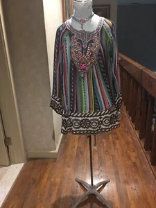 AMAZING CASTING ART TO WEAR MULTI COLOR EMBROIDERED BEADED FRONT TUNIC BLOUSE S - Picture 1 of 12