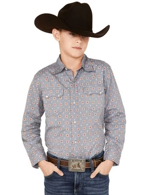 Camisa occidental a presión de perlas con estampado geográfico hecha por el oeste Roper para niños - 03-030-0064-4041 GY Foto 1 de 4
