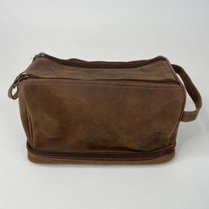 Men's Rustic Town Brown Leather Toiletry Bag with Zippers and Textured Surface - Picture 1 of 12