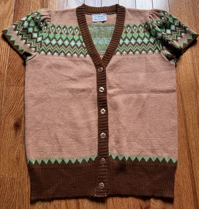 Vintage 70er Kurzarm Strickjacke Pullover Strick braun grün groovy Retro S Small - Bild 1 von 5