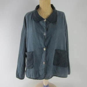 Bryn Walker Womens L Heavy Linen Jacket Steel Blue Herringbone Trim Pockets USA - Picture 1 of 9