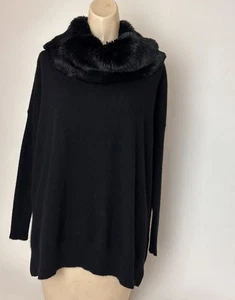 Pure Collection Cashmere Sweater Womens Small Black w faux fur cowl neck - Picture 1 of 12