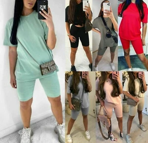 Women’s Ladies Oversized T-Shirt Cycling Short Active Gym Yoga Sports Co ord Set - Picture 1 of 8