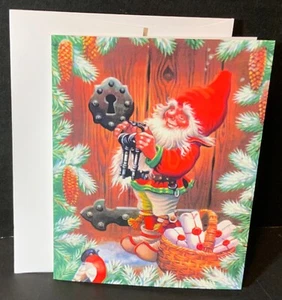 Christmas Card UNUSED Swedish Tomte Elf Gnome At The Front Door Basket Of Gifts - Picture 1 of 4