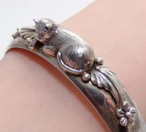 Carol Felley Sterling Silver 3D Cat Cuff Bracelet FZ - Picture 1 of 5