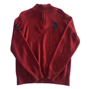 US POLO ASSN 1/4 Zip Sweater Mens Medium Red Big Pony Embroidery Knit Ribbed - Picture 1 of 9
