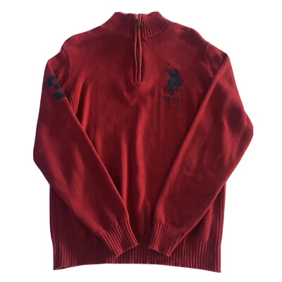 US POLO ASSN 1/4 Zip Sweater Mens Medium Red Big Pony Embroidery Knit Ribbed - Image 1 of 4
