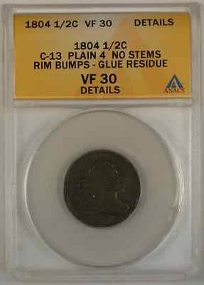 1804 Draped Bust Half Cent Coin ANACS C-13 Plain 4 No Stems Rim Bumps VF-30 - Image 1 of 2