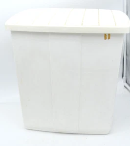 Vintage White Grid Top Lid Laundry Clothes Hamper Basket Container Hard Plastic - Picture 1 of 9