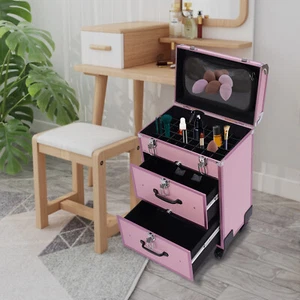 Pink Rolling Aluminum Makeup Train Case Salon Cosmetic Trolley Organizer Box - Picture 1 of 24