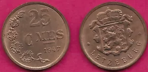 LUXEMBOURG 25 CENTIMES 1947 UNC CHARLOTTE,CROWNED NATIONAL ARMS FLANKED BY DIAMO - Picture 1 of 1