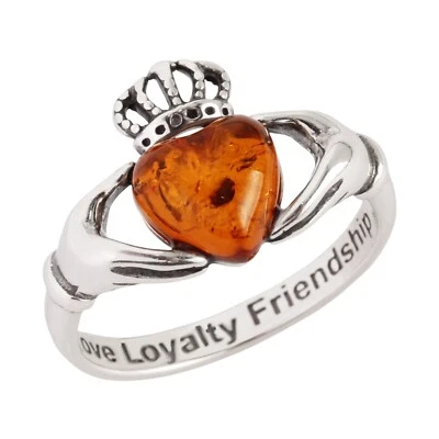 HONEY BALTIC AMBER CLADDAGH STERLING SILVER RING NEW WITH BOX - Image 1 of 4