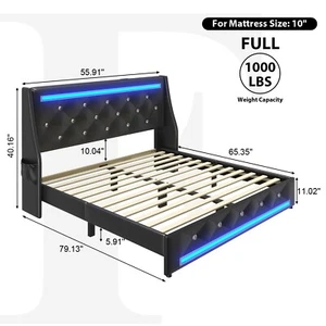 Faux Leather Diamond Upholstered Full Queen LED Bed Frame with Charging Station - Picture 1 of 11