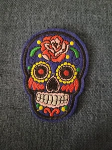 SUGAR SKULL PATCH IRON-ON EMBROIDERED DIA DE LOS MUERTOS DAY OF DEAD BLUE - Picture 1 of 1