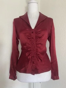 Talbots Pure Silk Cranberry Red Blouse Ruched Button Up Long Sleeve Size 4P - Picture 1 of 4