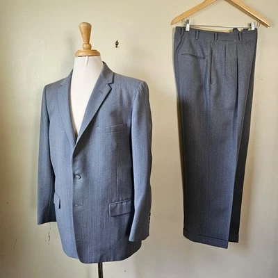 Vintage 50s 2 PC Towncraft Blue Striped Wool Suit Pleated Drop Loop Pants 44R/32 - Image 1 of 4