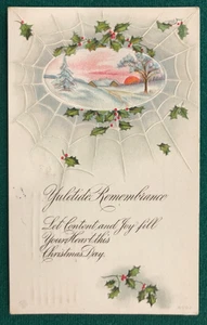 Bergman~Yuletide Remembrance Holly~A Sunset Over Snowy Hills~c1918 Postcard - Picture 1 of 2
