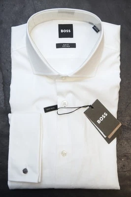 HUGO BOSS Uomo Hank Polsino Francese Facile Ferro Slim Cotone Bianco Camicia 38 - Immagine 1 di 4