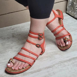Chanel Gladiator Orange Leather Strappy Flats Sandals Slippers Slides EU 38 UK5 - Picture 1 of 19
